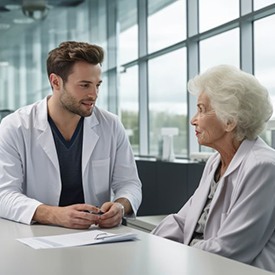 Doctor and patient sitting at table, conversing