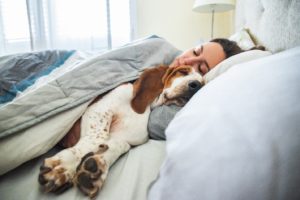 Woman sleeping in bed, cuddling with her dog