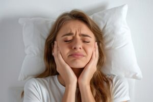 Woman lying in bed, suffering from TMJ pain