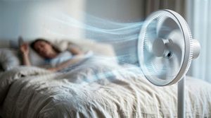 Woman sleeping in bedroom with fan running